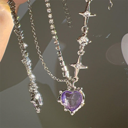 Y2k Purple Crystal Heart Pendant Necklace Women Sweet Cool Girl Punk