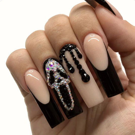 24Pcs Long Coffin False Nails Halloween Skulls French with Rhinestones