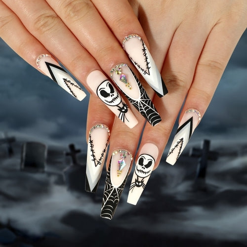 24Pcs Long Coffin False Nails Halloween Skulls French with Rhinestones