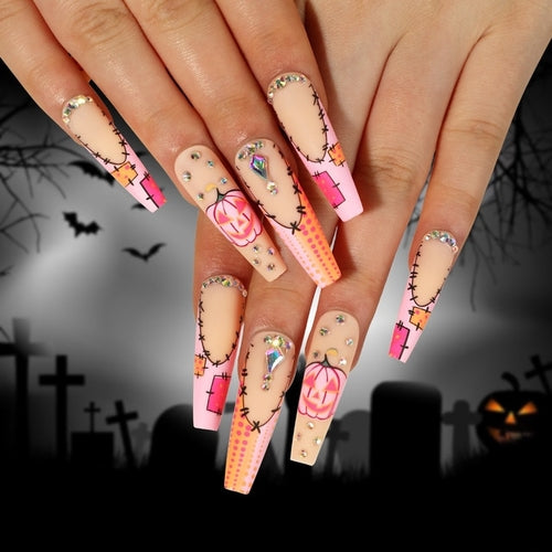 24Pcs Long Coffin False Nails Halloween Skulls French with Rhinestones