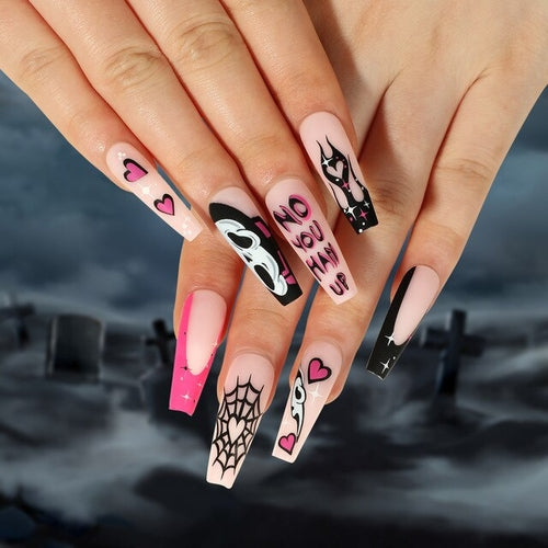 24Pcs Long Coffin False Nails Halloween Skulls French with Rhinestones