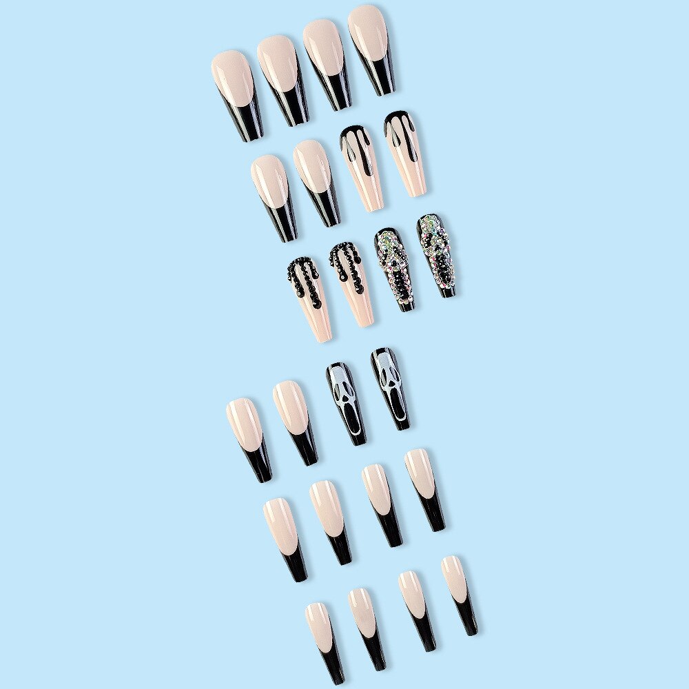 24Pcs Long Coffin False Nails Halloween Skulls French with Rhinestones