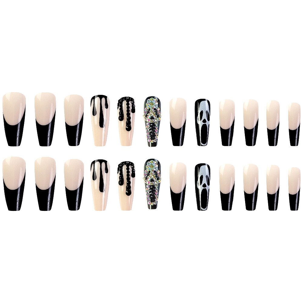 24Pcs Long Coffin False Nails Halloween Skulls French with Rhinestones