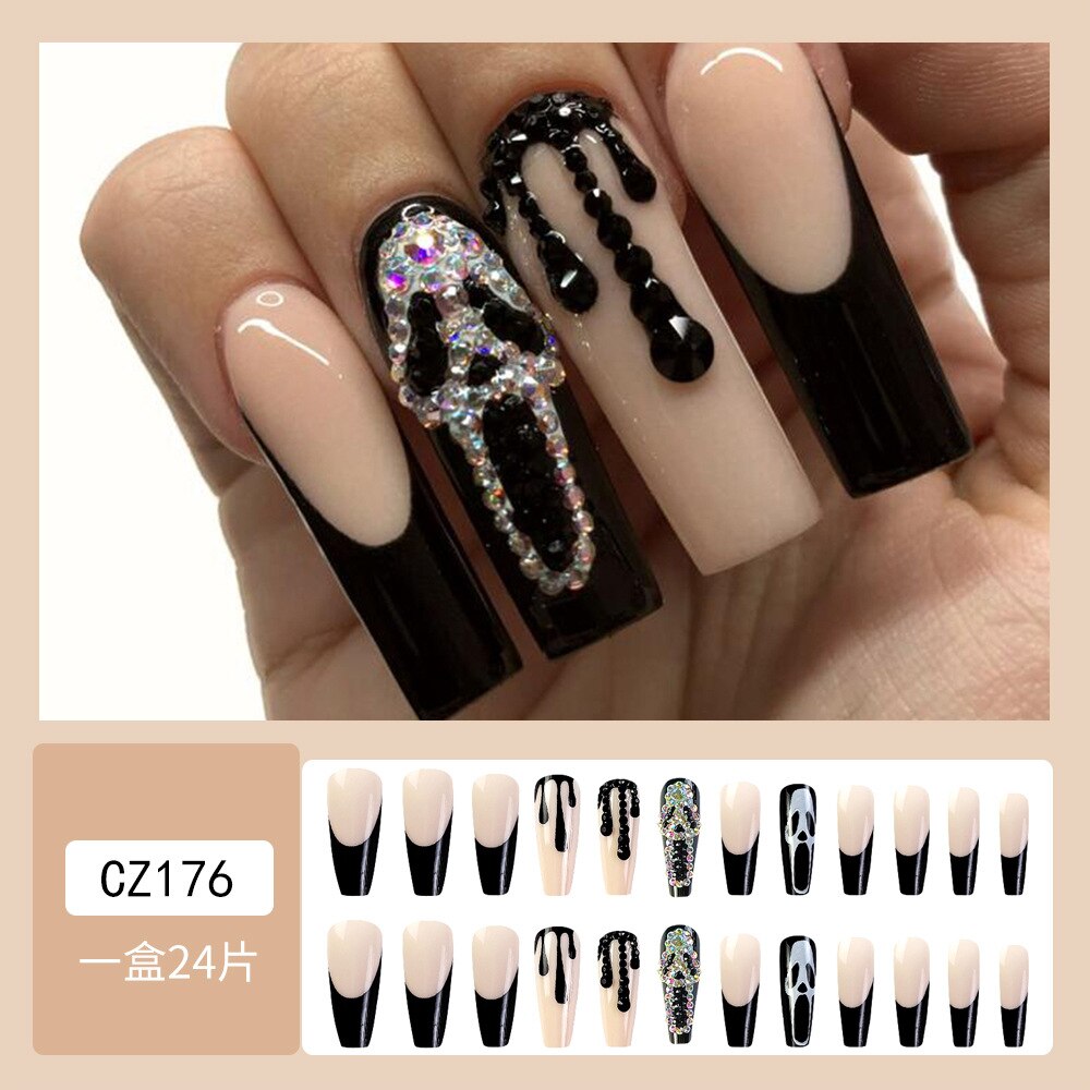 24Pcs Long Coffin False Nails Halloween Skulls French with Rhinestones